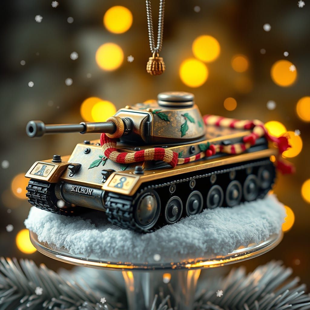 Toy Tank Christmas Ornament in Majestic, Snowy Scene