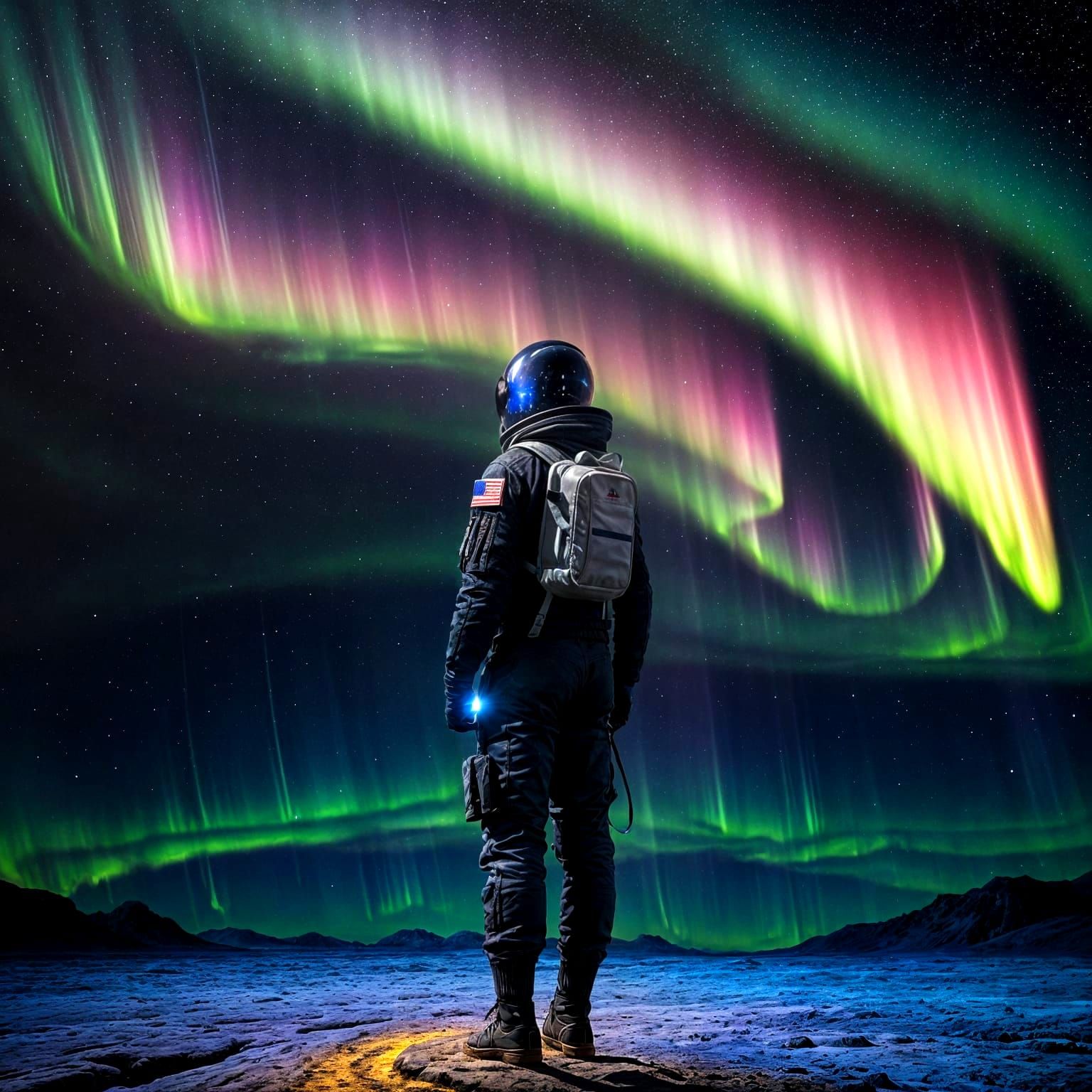Astronaut Watches Cosmic Aurora Borealis as Oil Painting