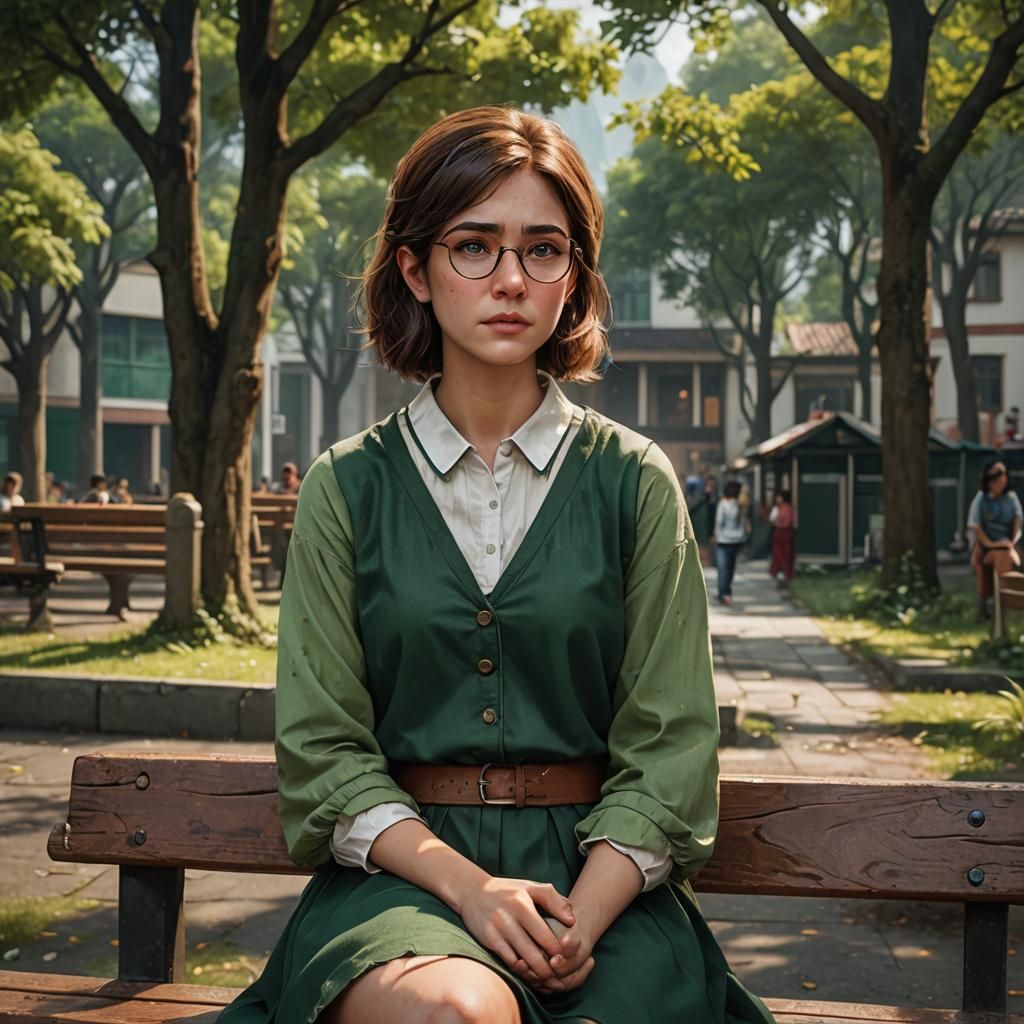 Sad Girl on School Bench, Detailed Matte Painting