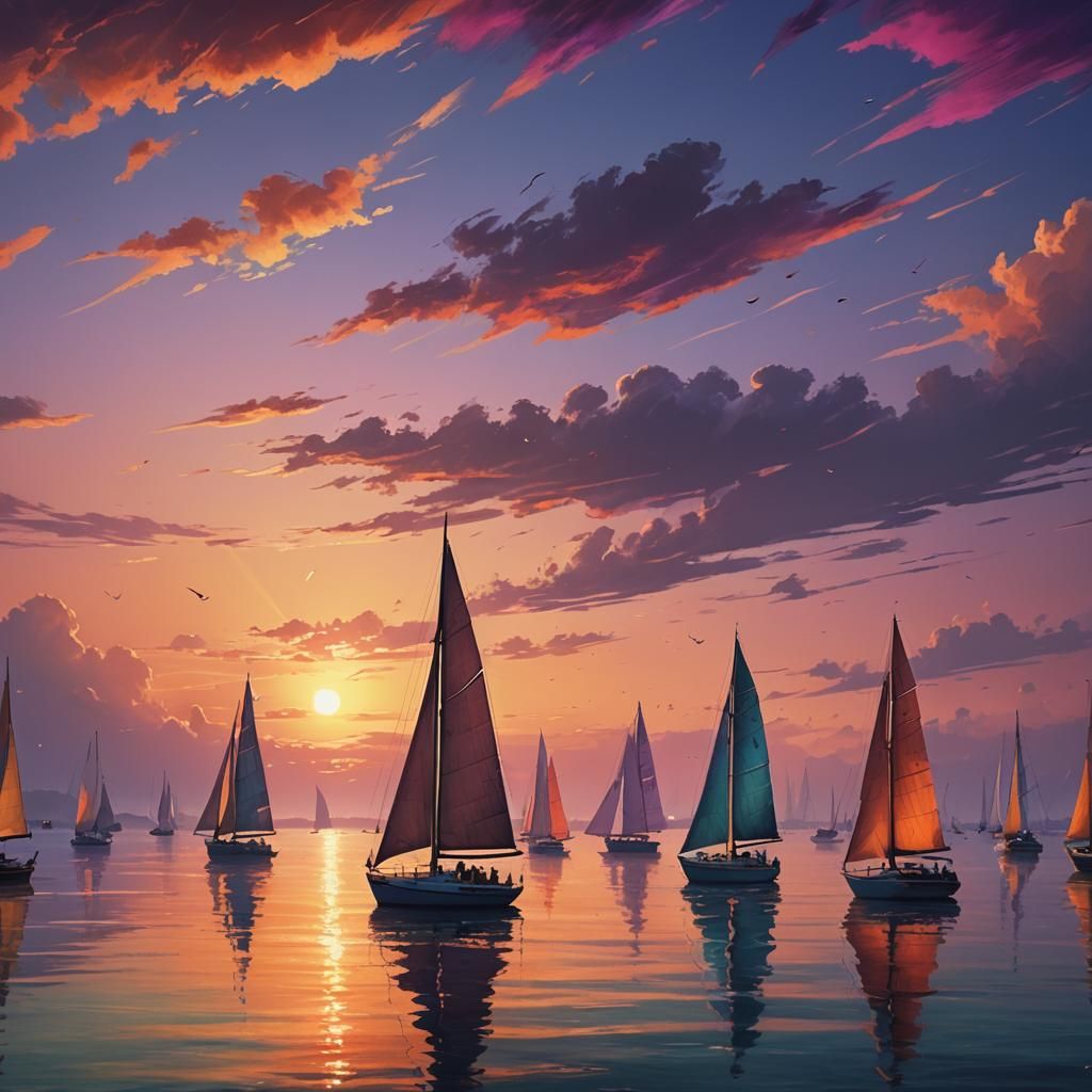 Sunset Sailboats on Still Sea: Fantasy Realism