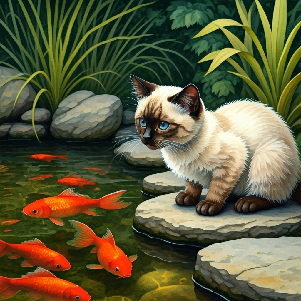 Watercolour Siamese Kitten at Pond's Edge