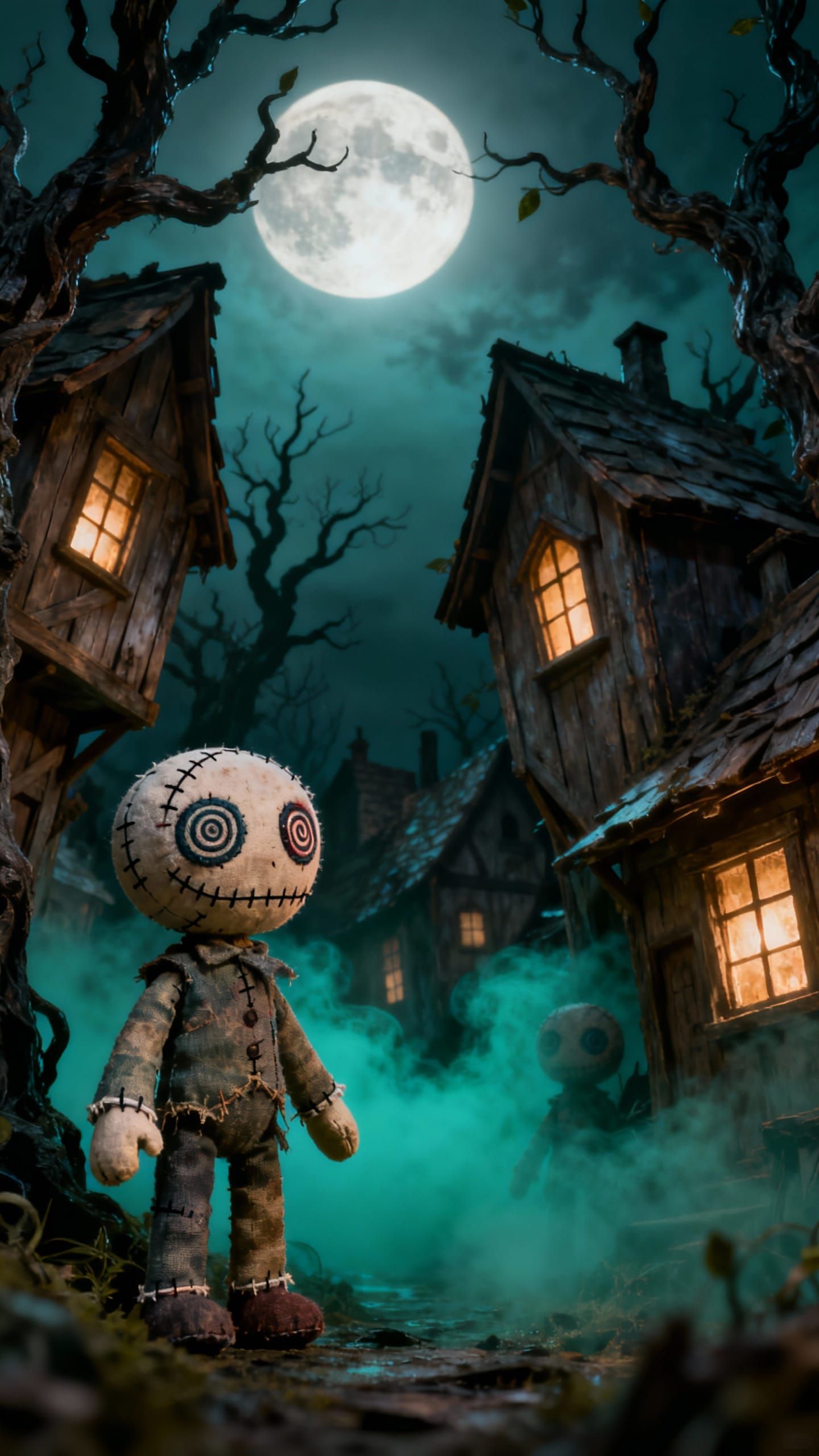 Whimsical gothic stop-motion dolls with stitched faces and h...