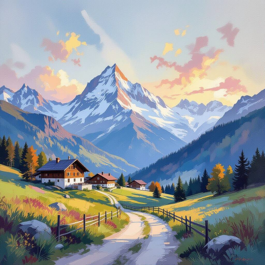 Swiss Alps Sunrise in Impressionist Gouache Style