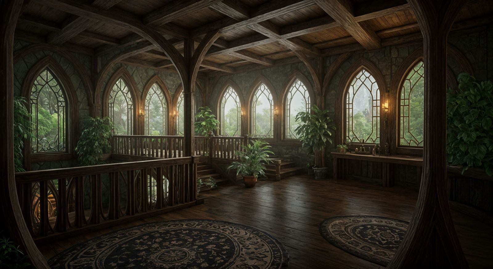 Elven Cottage Interior with Balcony and Stairway