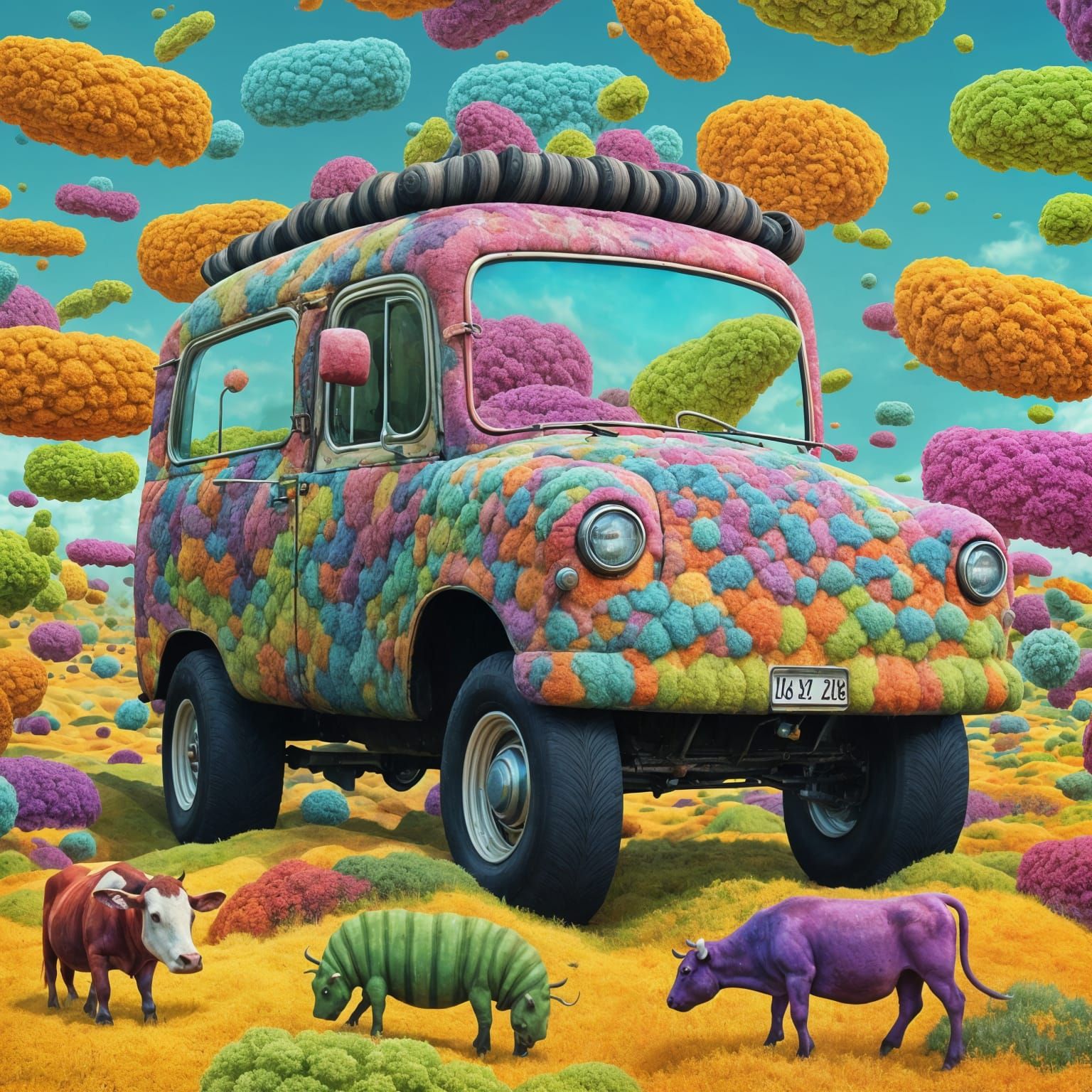 Surreal Carsick Cows in a Warped TV Landscape