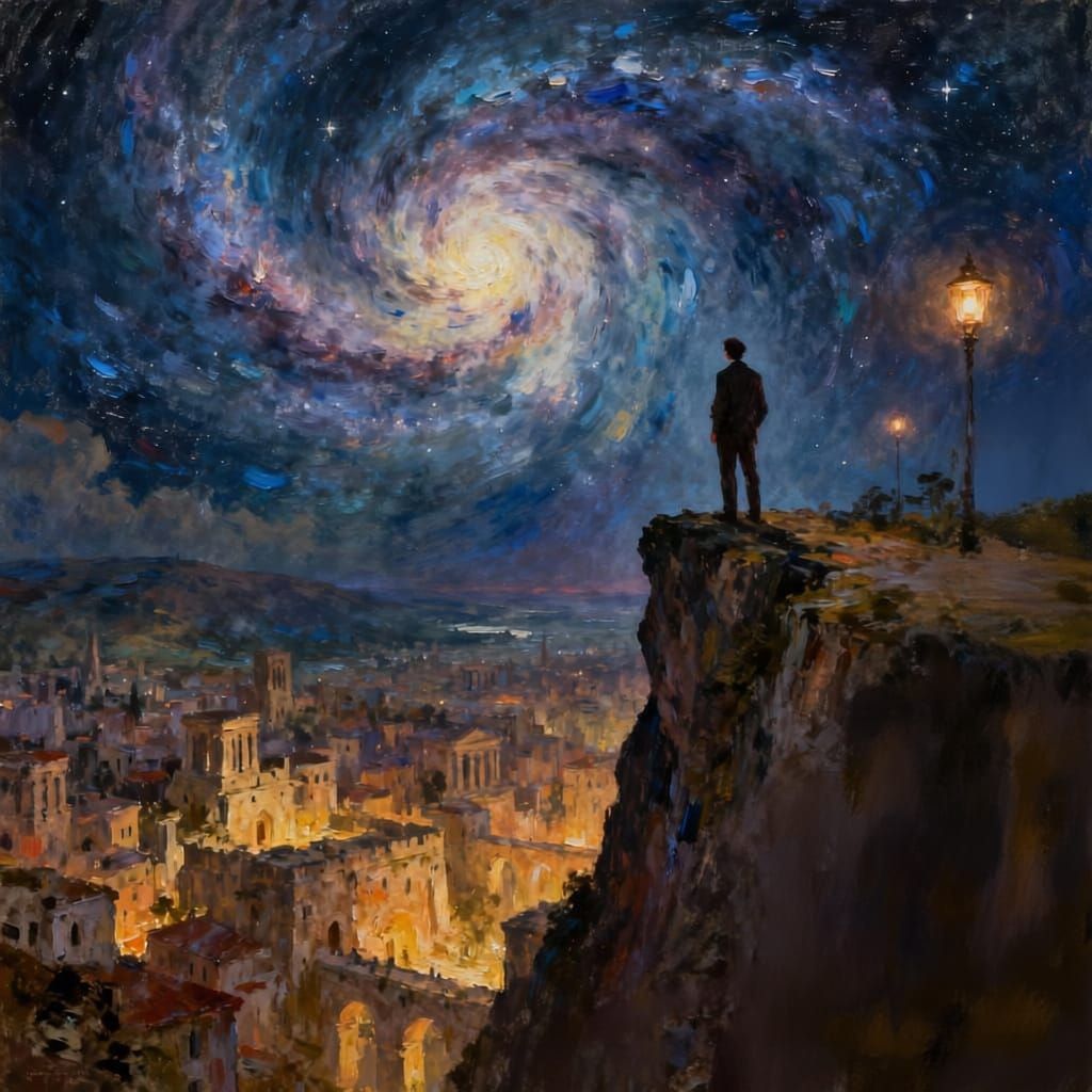 Man Gazes at Nebula Above Ancient City in Impressionist Styl...