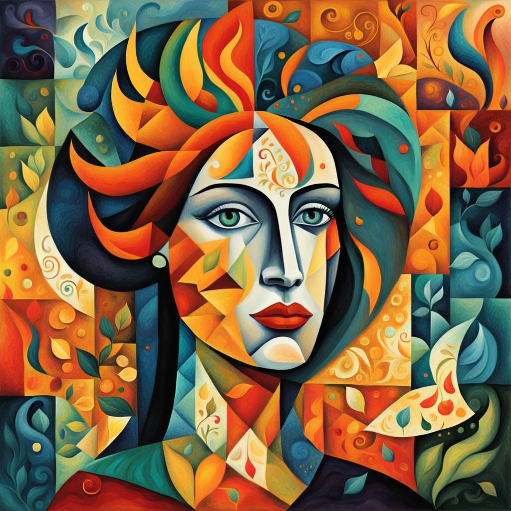 Cubist Fire Goddess Portrait in Vibrant Collage