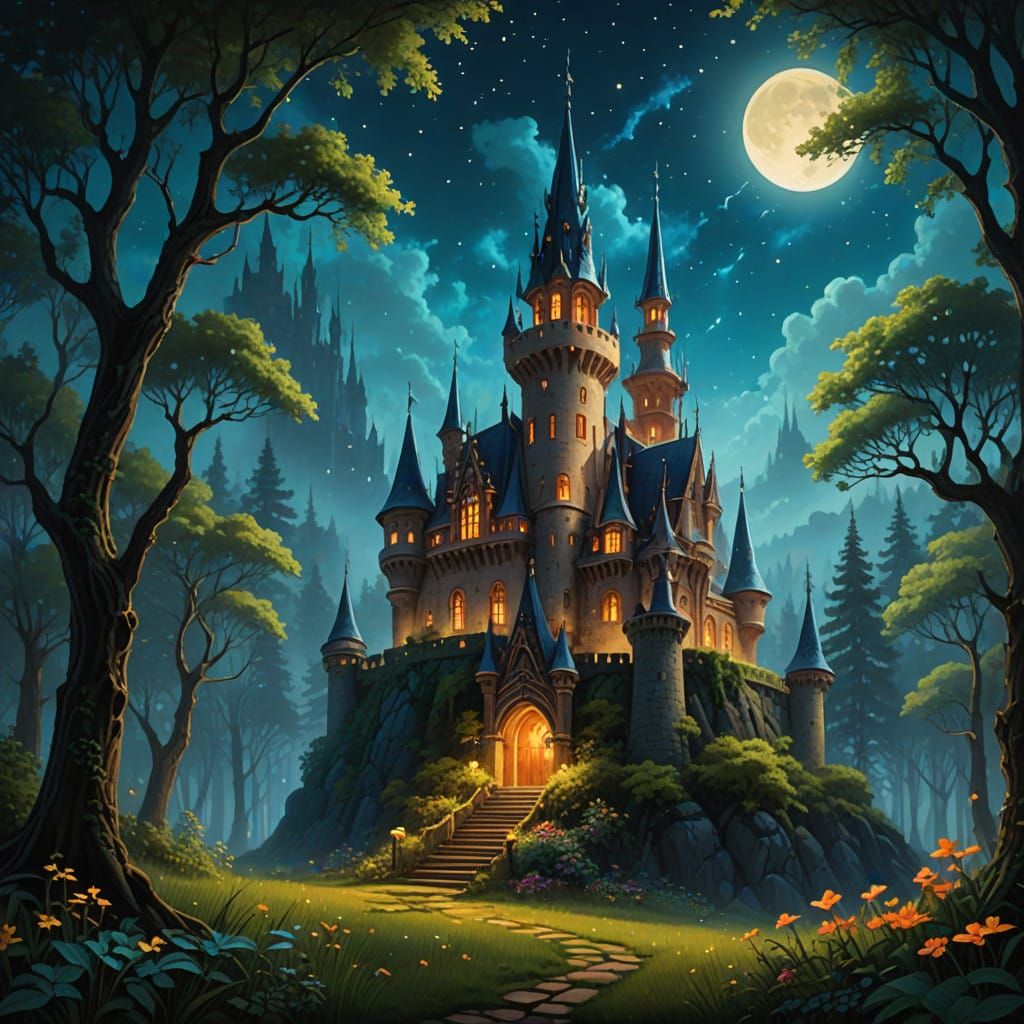 Dreamlike Fantasy Kingdom Illuminated by Moonlight