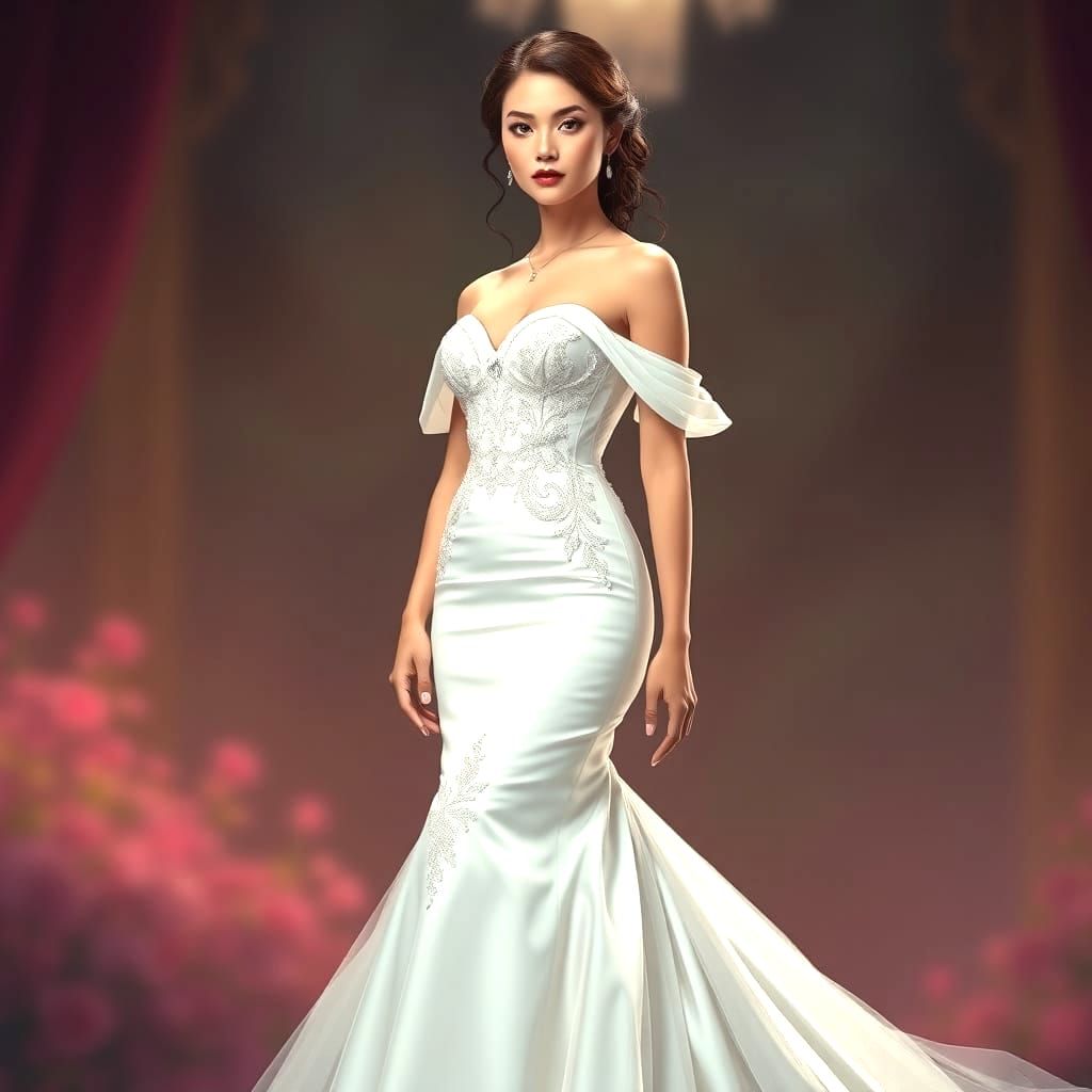 Woman in Magnolia White Satin Wedding Gown