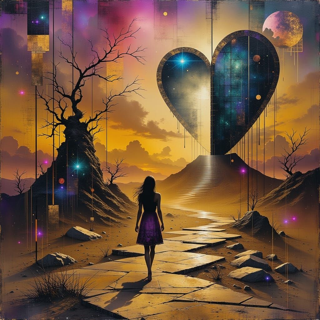 Surreal Figure Approaches a Glowing Heart Door in a Dreamlik...