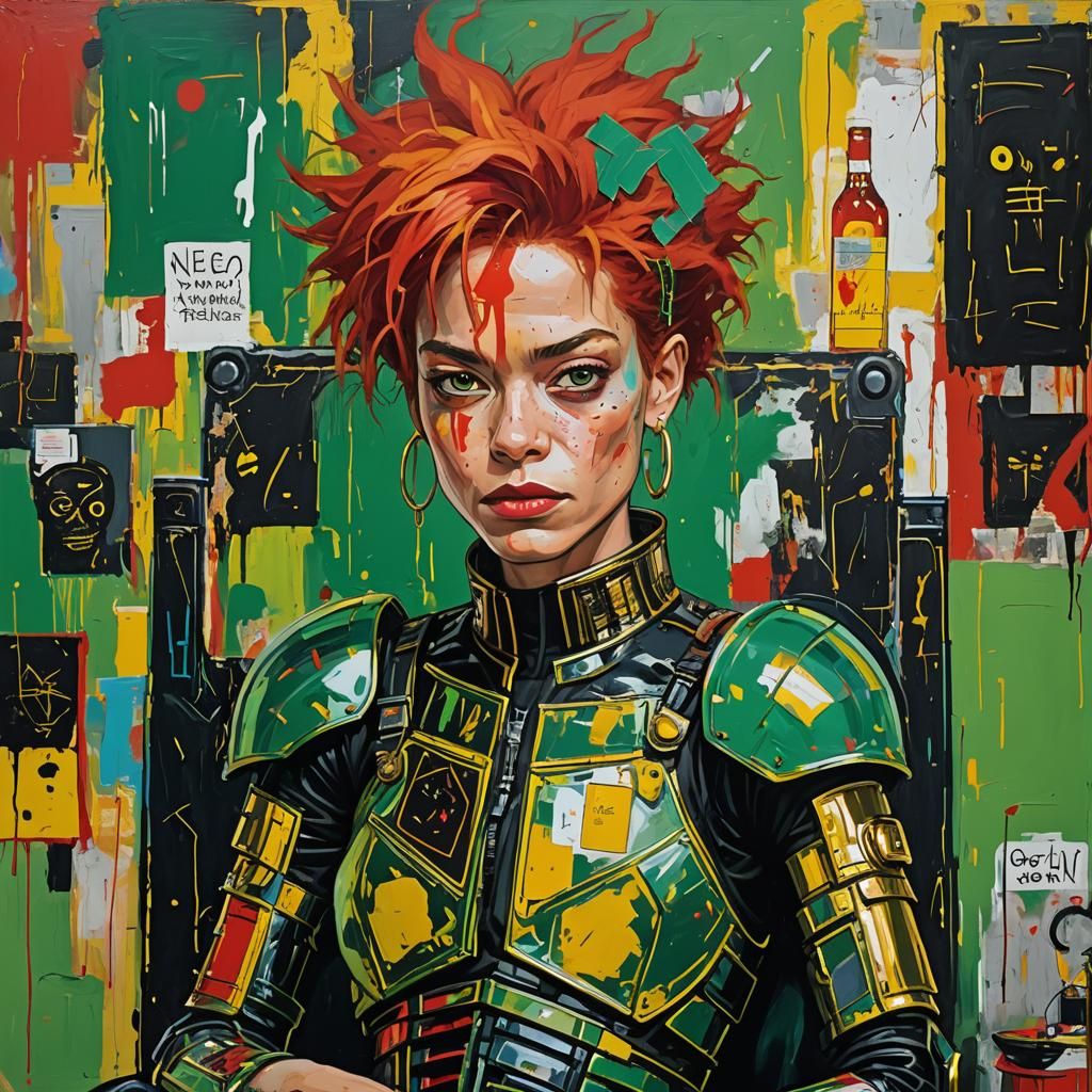 alcohol ing technique, poisoned colors, crude naive neo expressionism artwork in the style of Basquiat, anime styled lad...