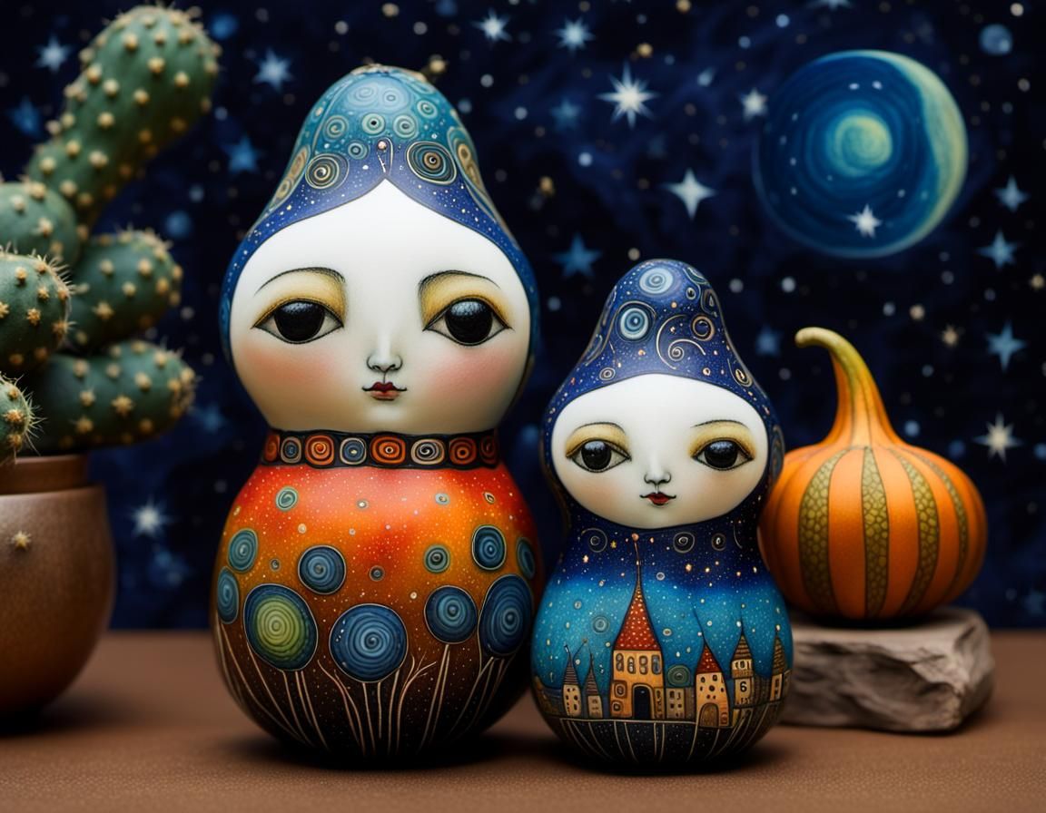 Three Tiny Gourds in Art Brut Style with Starry Sky