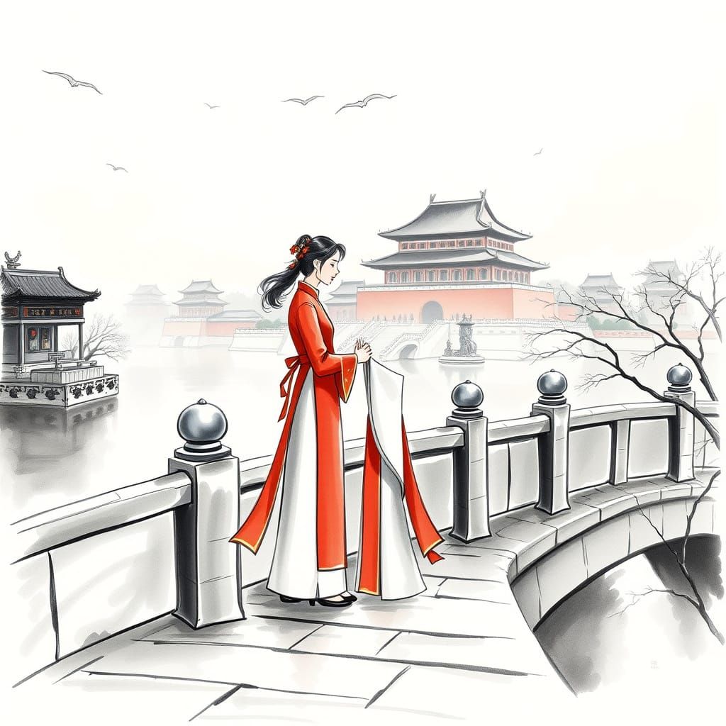 Serene Love in Hanfu Attire, Forbidden City Background, Chin...