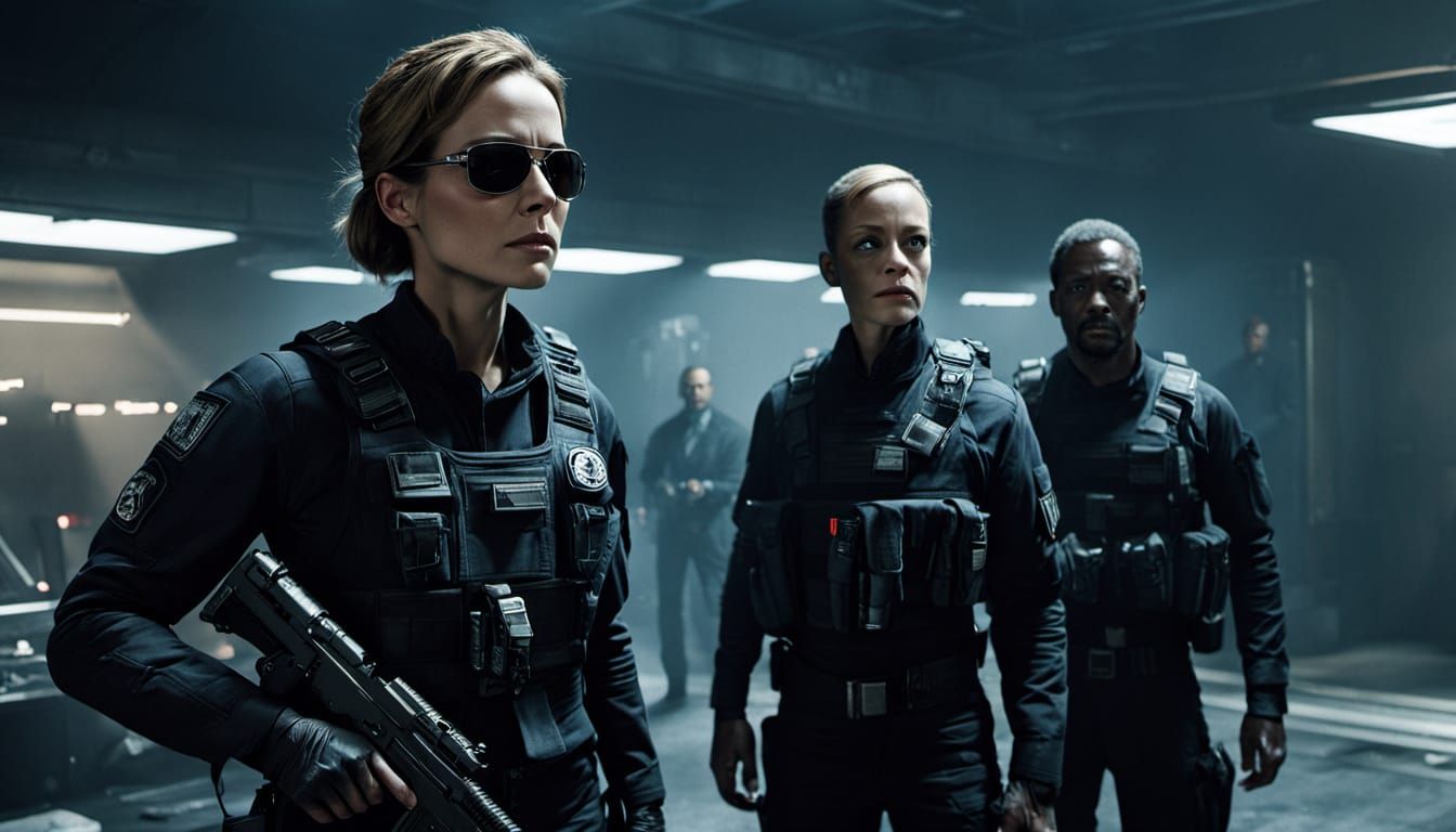 Sarah Connor in Futuristic Bunker with Men in Black