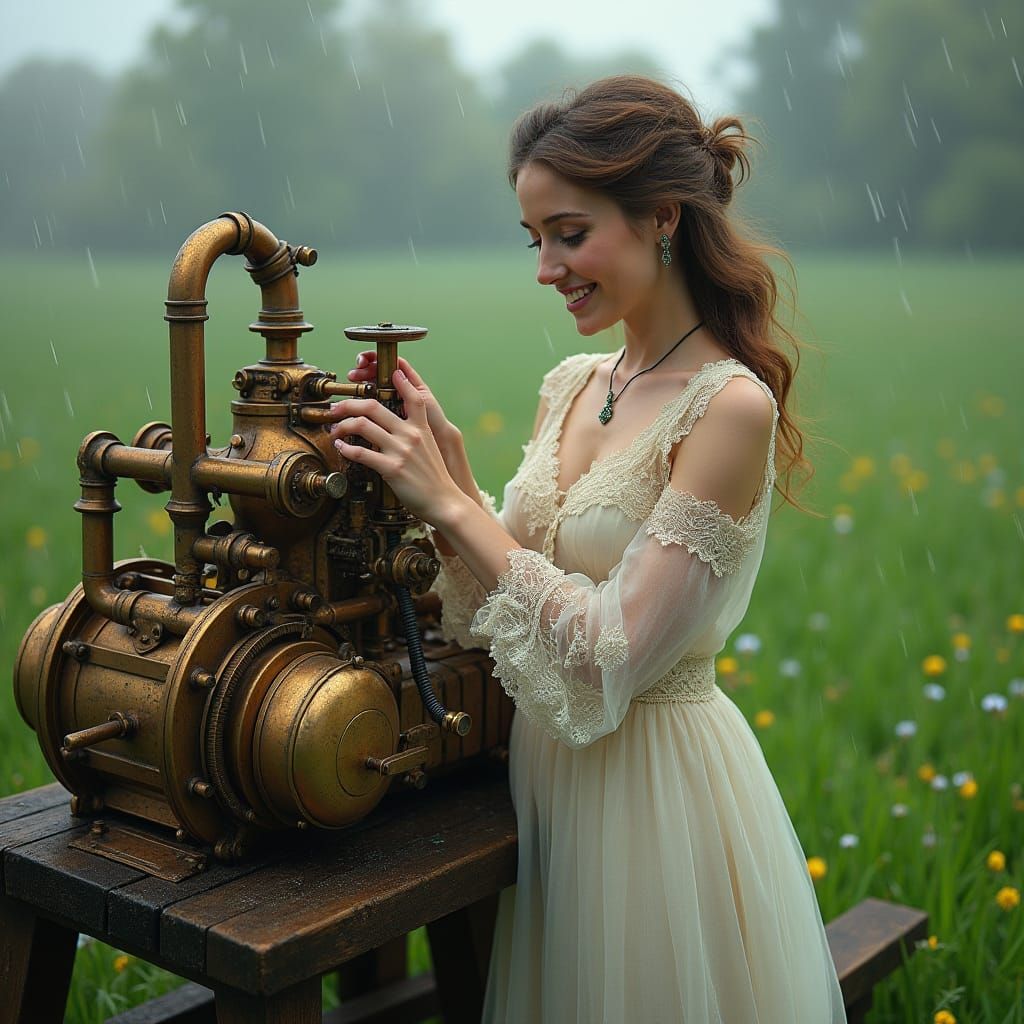 Steampunk Woman and Engine in Dreamlike Landscape