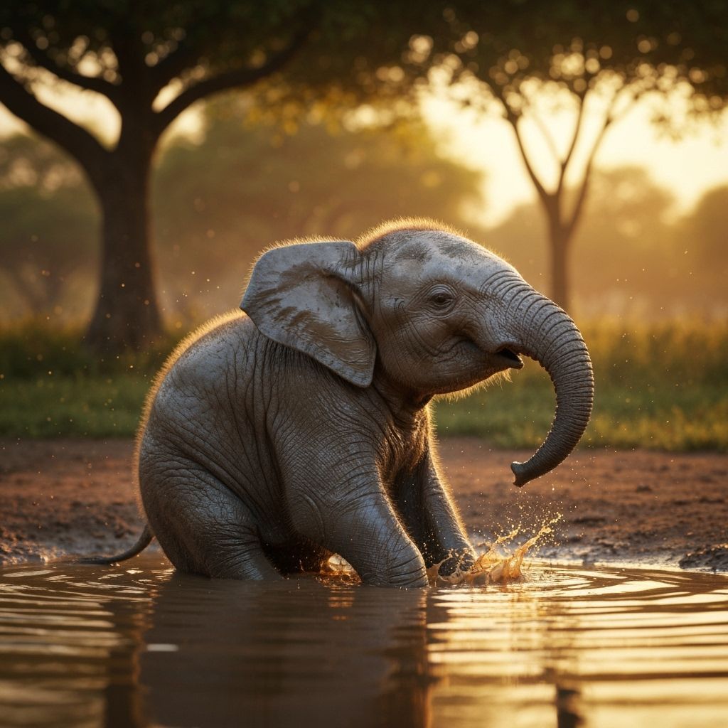 Baby Elephant Splashes Joyfully in Muddy Puddle at Sunset