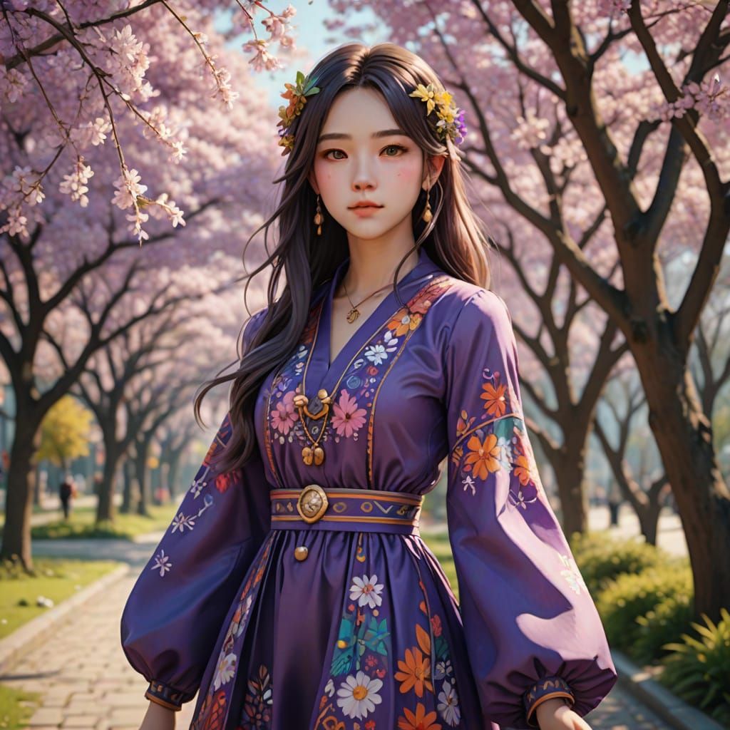 Whimsical Bohemian Woman in Vibrant Purple on a Spring Day