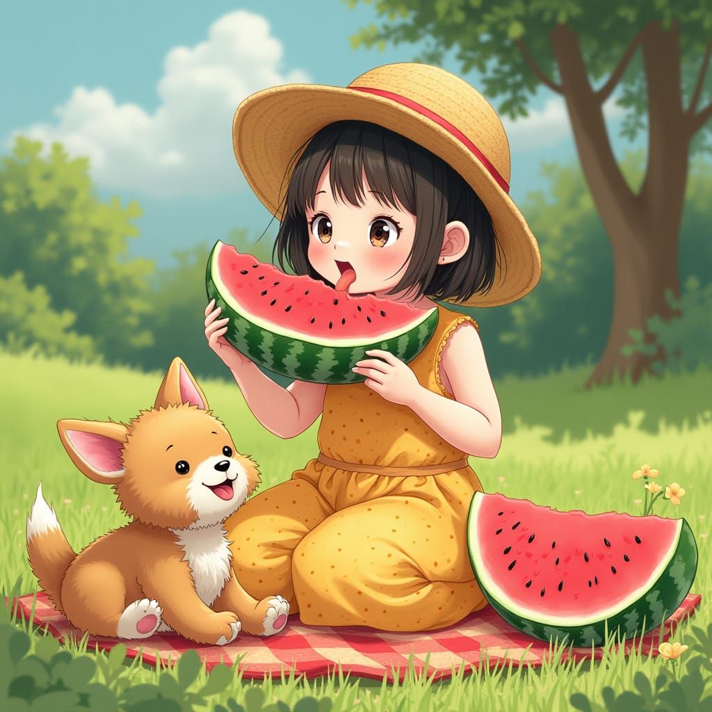 Girl with Watermelon and Dog, in Surreal Style