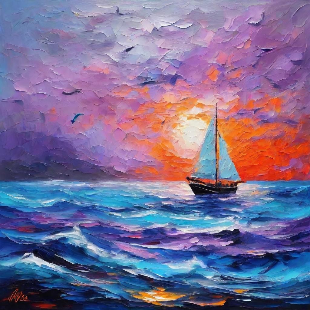 Fantastical Oceanscape with Sailing Ship, Impasto Painting