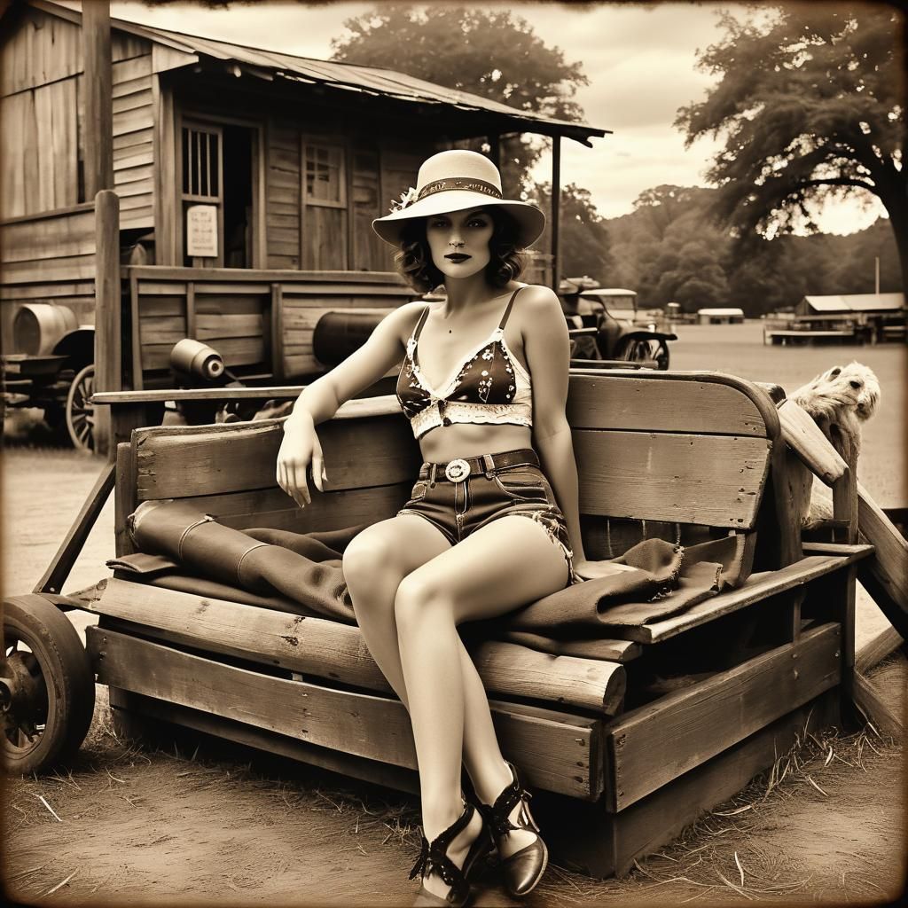 1920s Sepia Photo of Woman Lounging on Ford