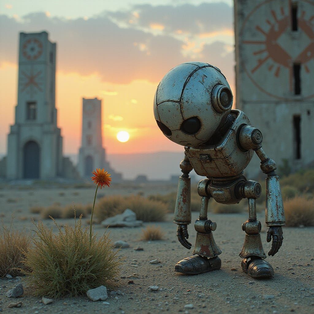 Robot and Flower in Post-Apocalyptic Landscape