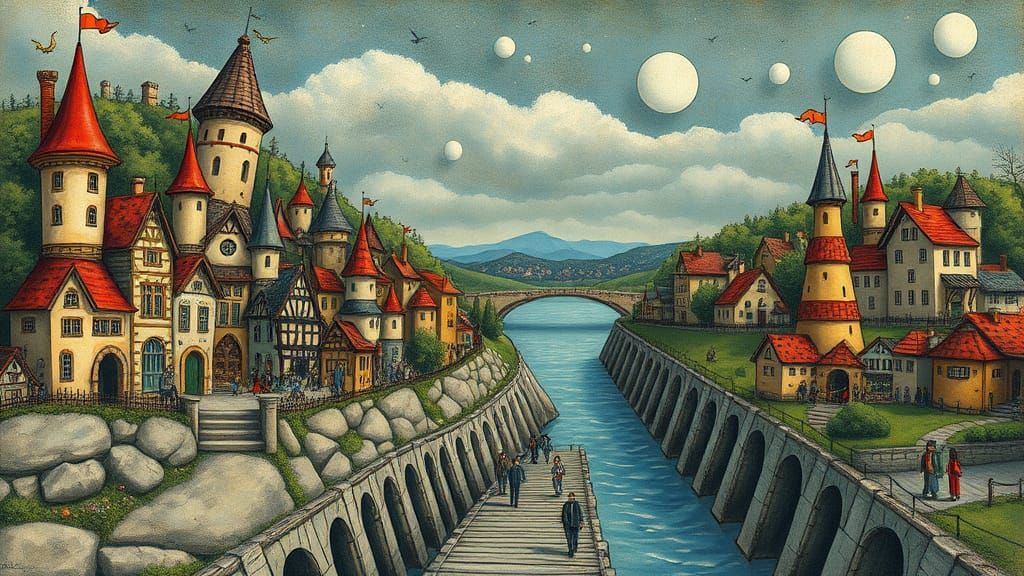 Whimsical Villages Connected by a Dreamy Bridge