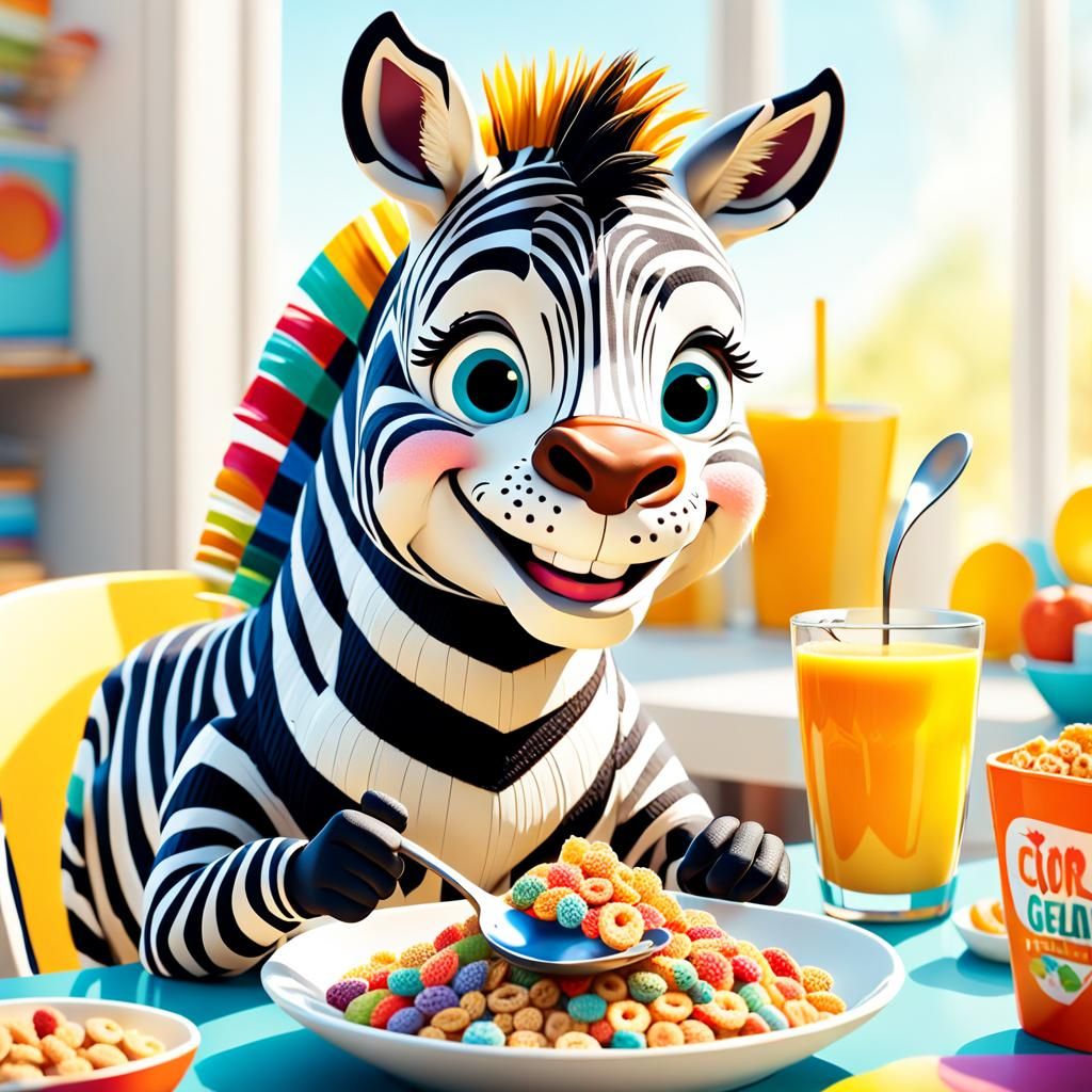 Cartoon Zebra Cereal Breakfast: Playful Illustration