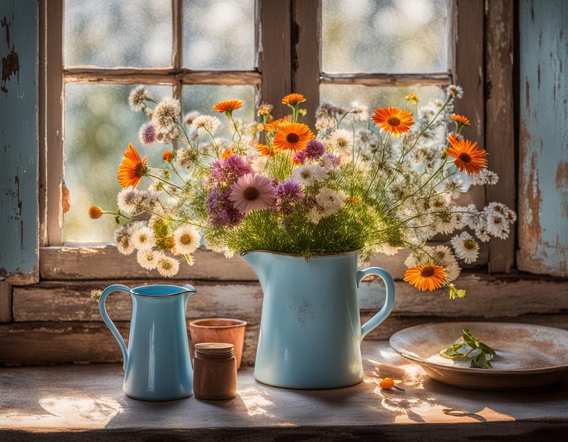Sunlit Kitchen with Wildflowers Still Life