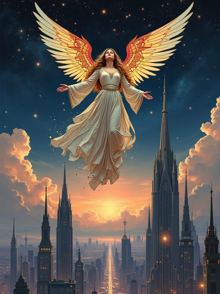 Celestial Being Over Futuristic City in Art Nouveau Style