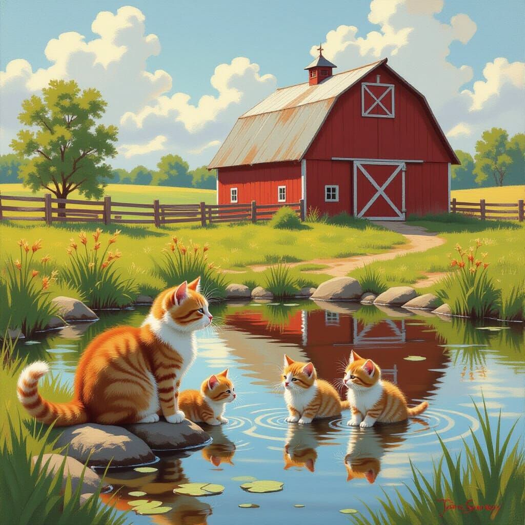 Kittens Play by Pond in Countryside Oil Painting