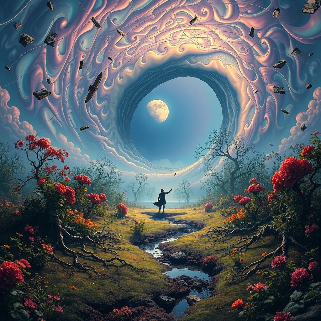 "Elastic flora stretching and twisting in a vast surreal lan...