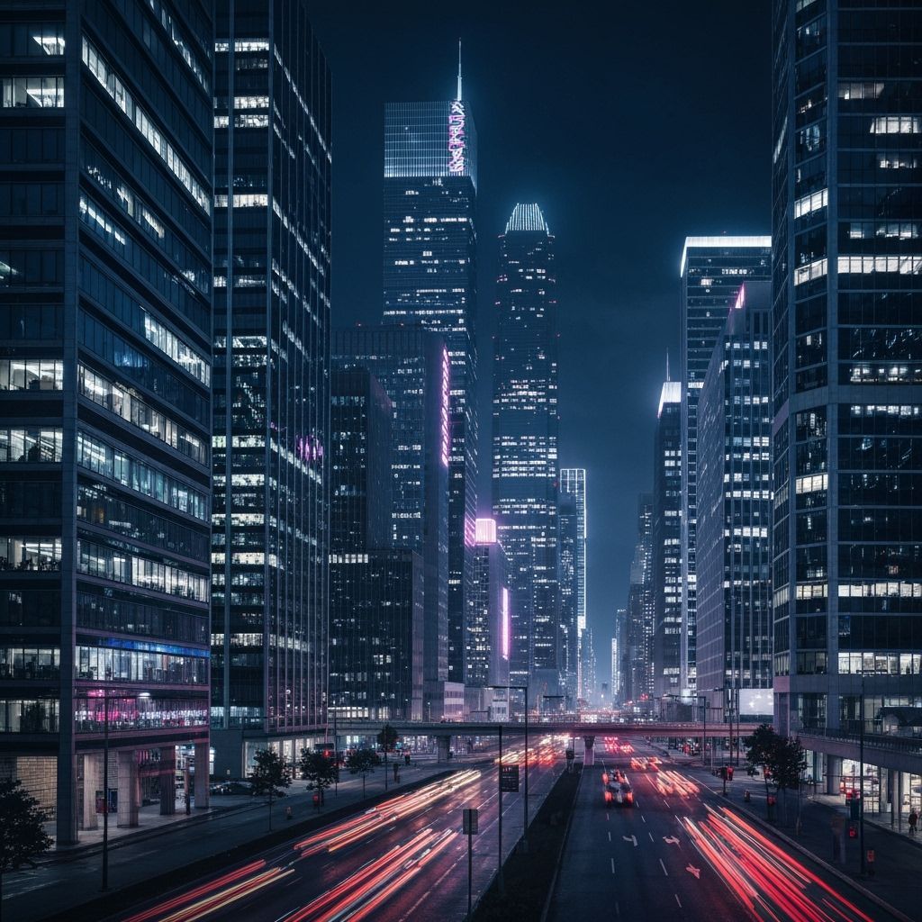 Futuristic Night Cityscape with Neon Lights