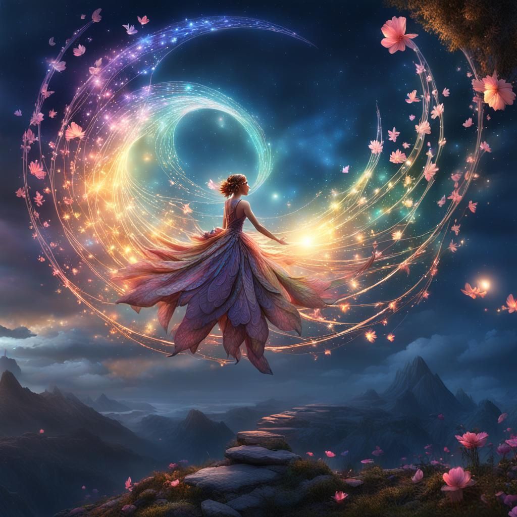 Iridescent Fairy Spiraling on Moonlit Flower