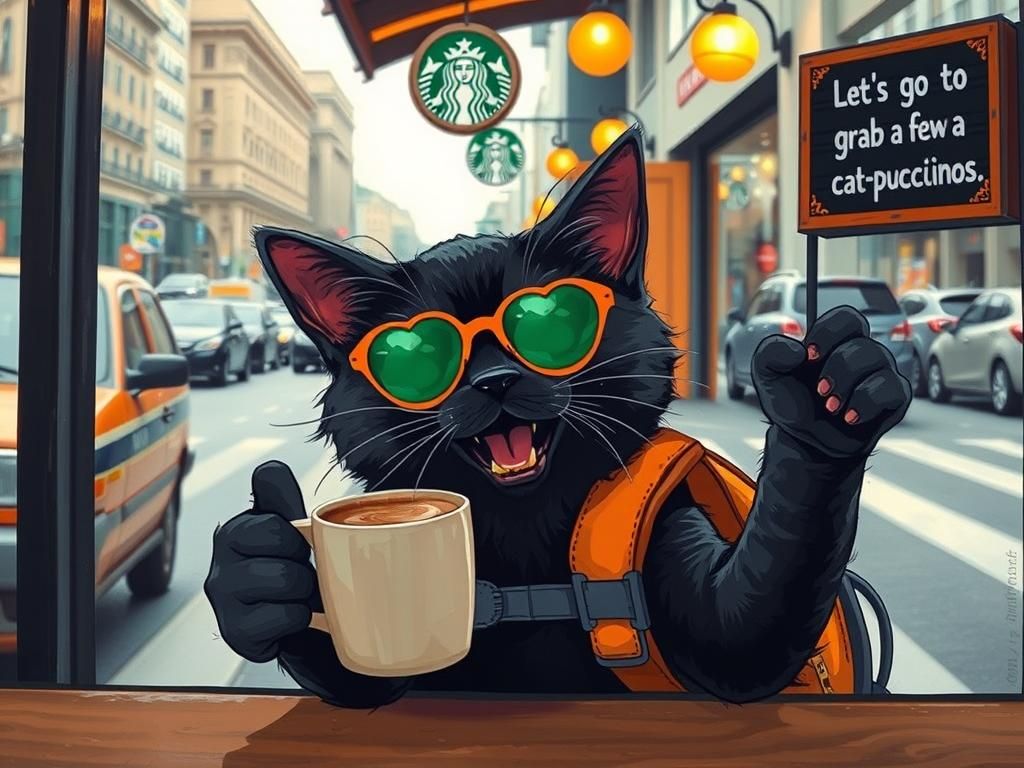 Cat in Coffee Shop with Cappuccino, Hyperrealistic Digital A...