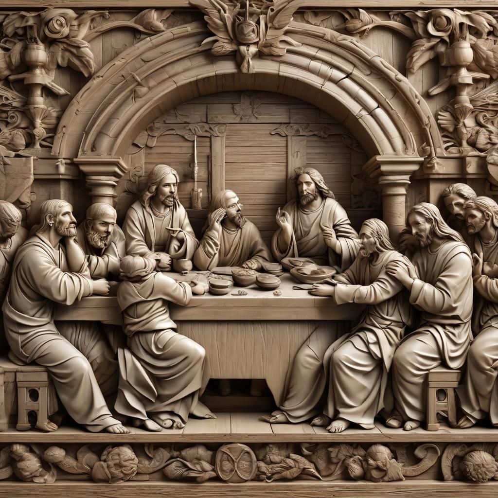 Wood Bas Relief of The Last Supper in Anime Style