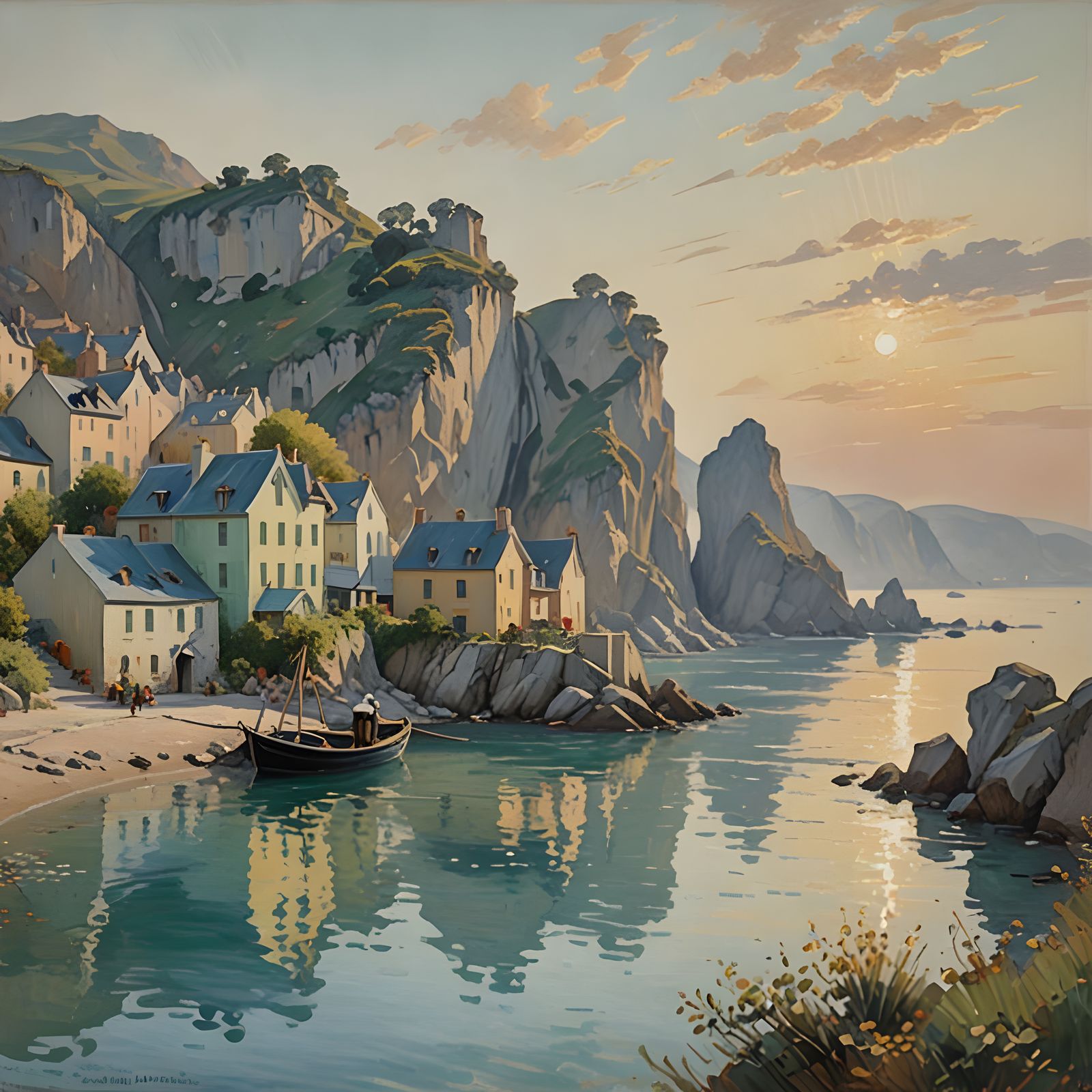 Dreamy Coastal Village Scene in Impressionist Style