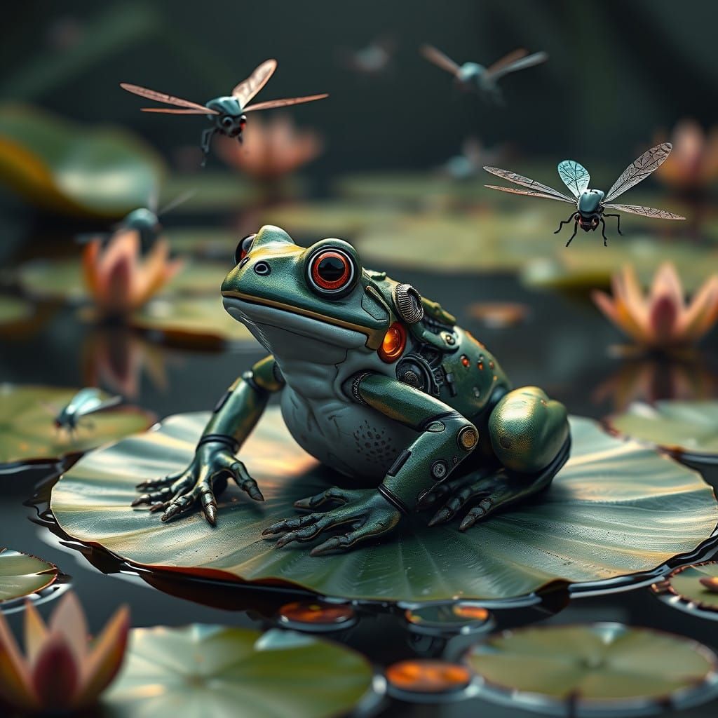 Cyborg Steampunk Frog in Whimsical Pond Scene