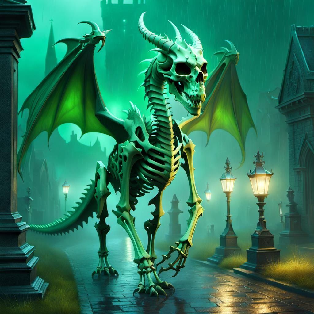 Adorable Dragon Skeleton in Graveyard, 3D Render
