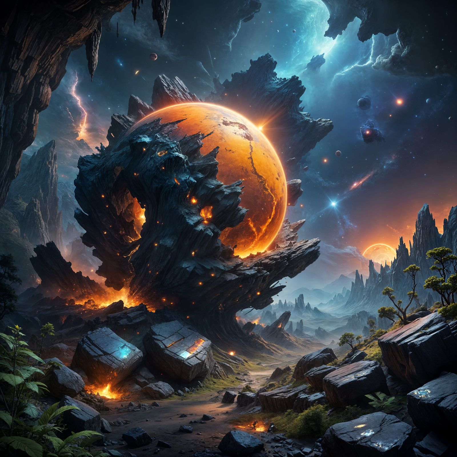 Cosmic Planet Shattered in Vibrant Galaxy Background