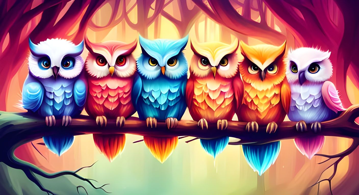 Rainbow Baby Owls in Colorful Forest Painting