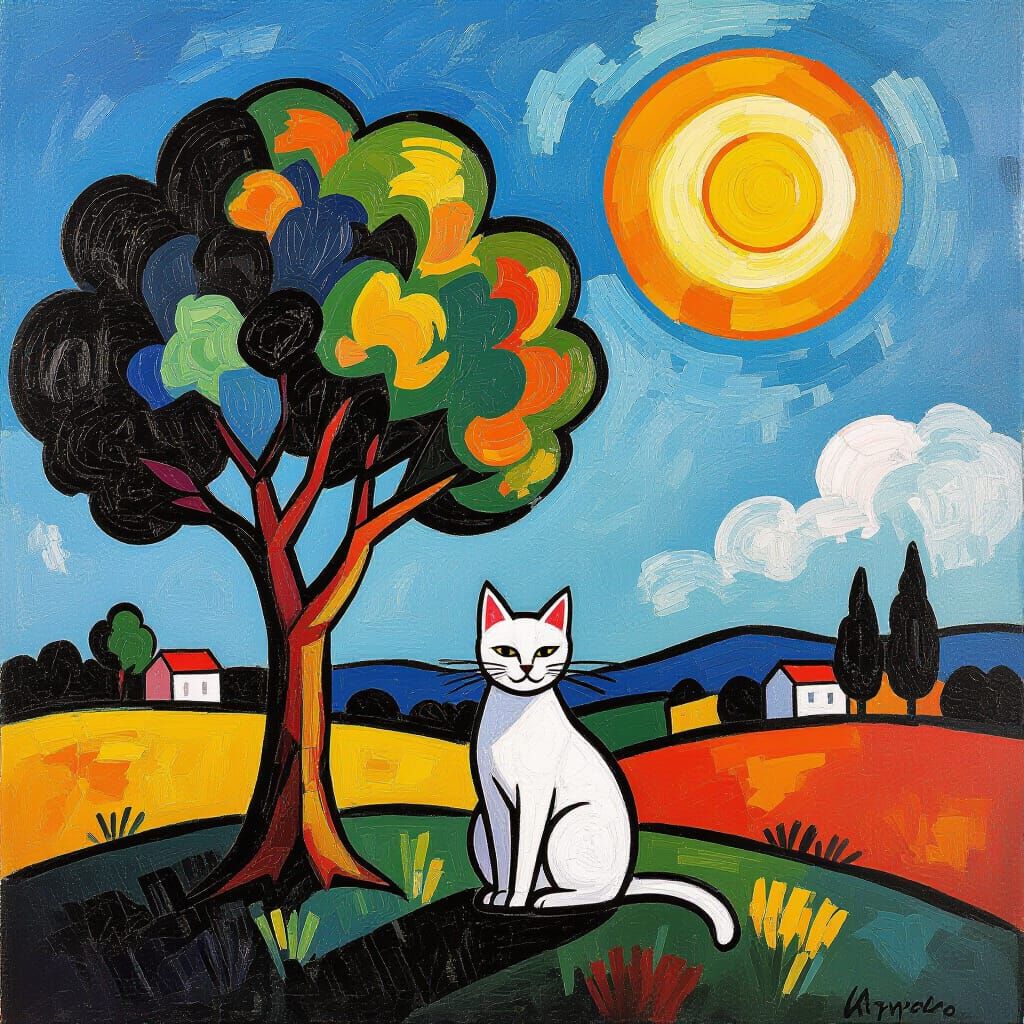 Oil Painting of Cat Under Jugendstil Tree with Cadmium Sky