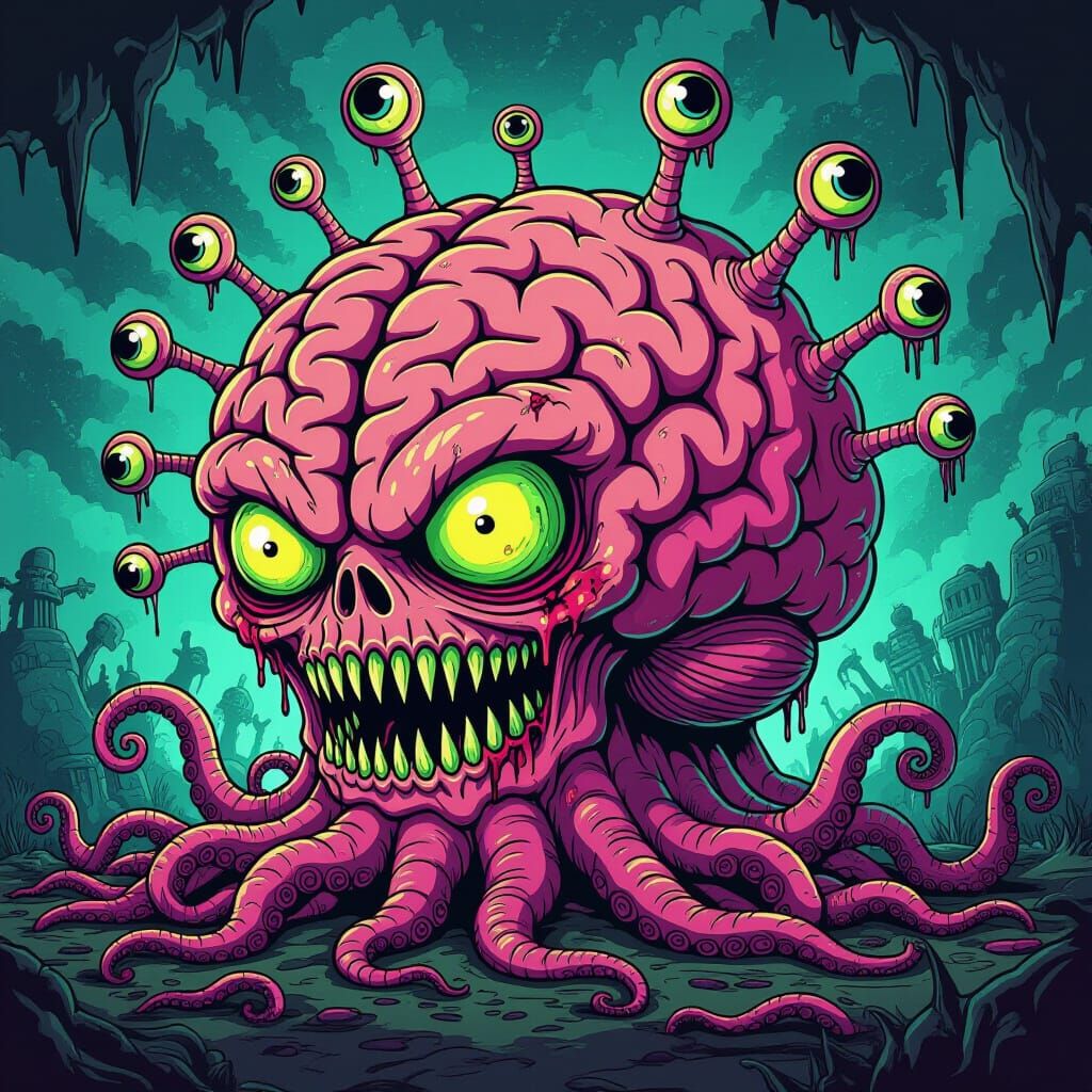 Eldritch Brain Creature in Toon Sketch Style