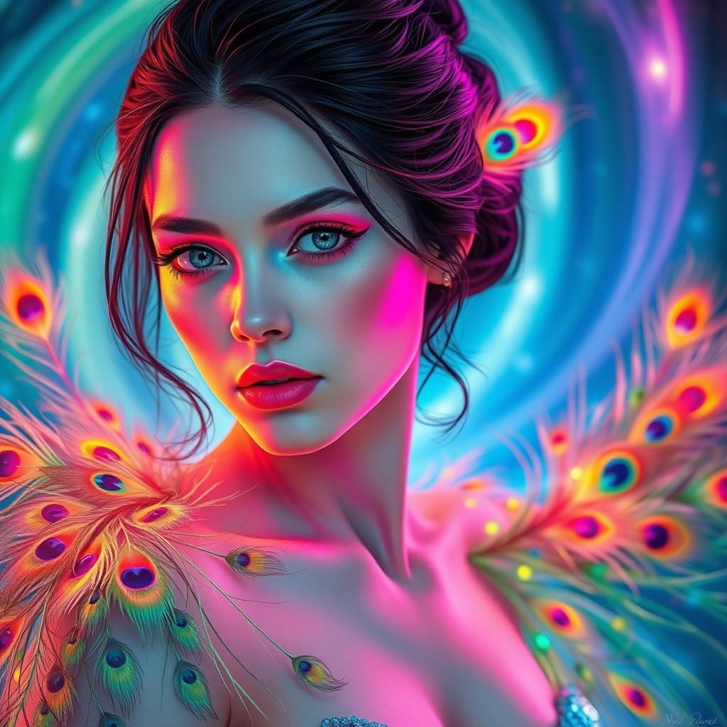 Woman with Peacock Feathers in Dreamlike Digital Art