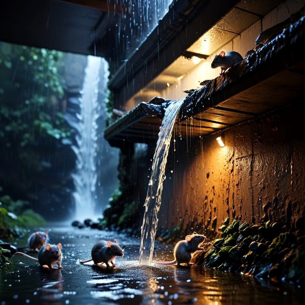 Rats Frolic in Gutter Waterfall: Low Angle View