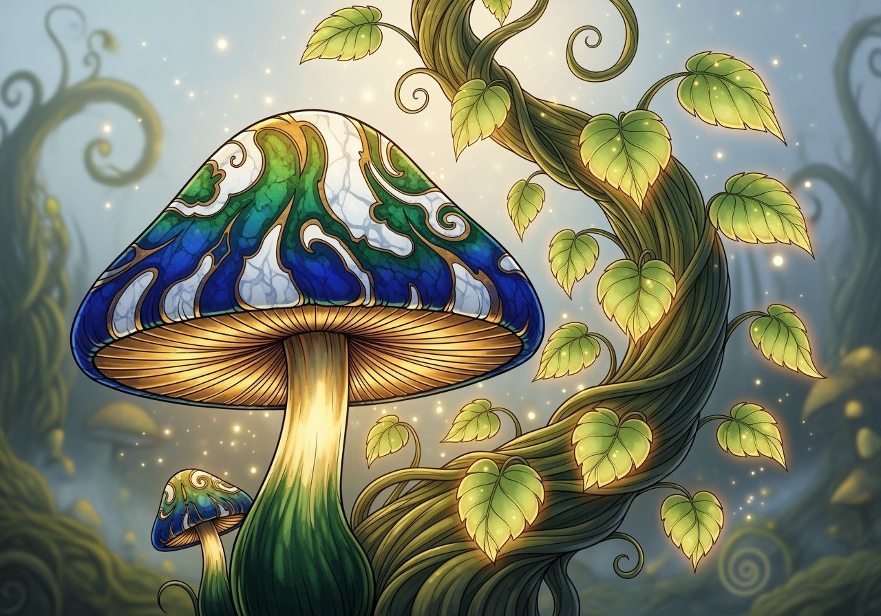 Mystical Mushroom and Giant Beanstalk in Expressive Ink Art