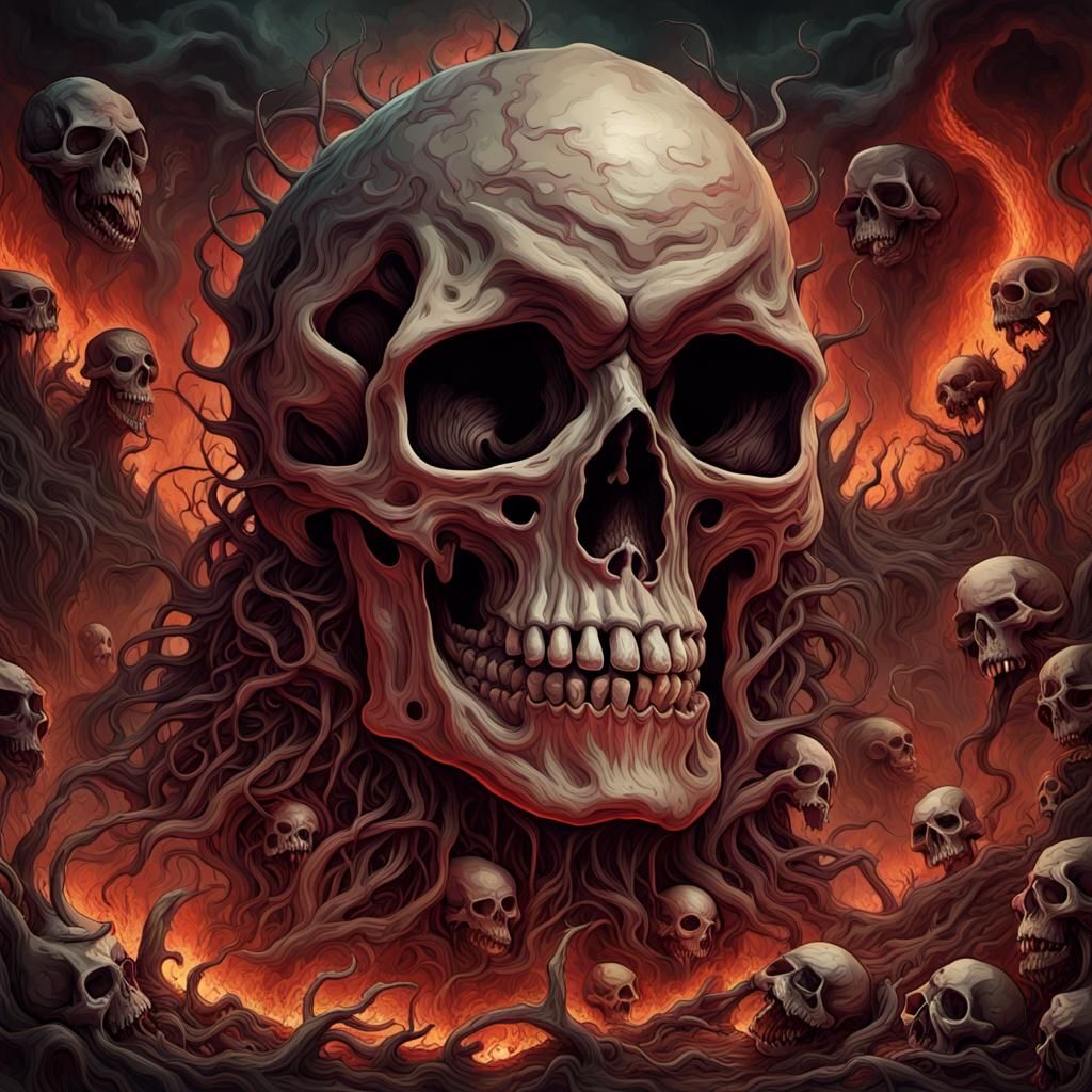 Chaotic Hellscape: Giant Skull in Digital Illustration