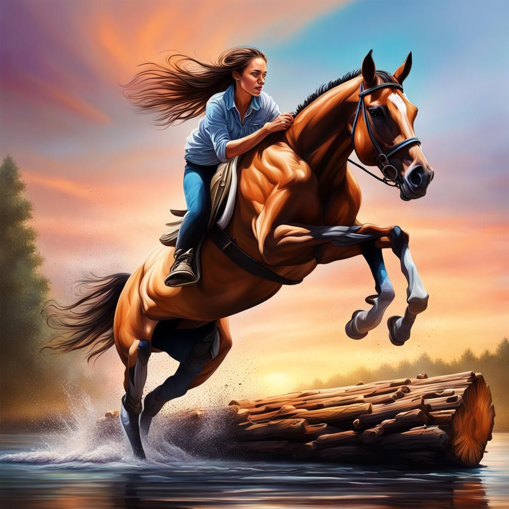 Girl and Horse Bareback Jump in Splash Art Style