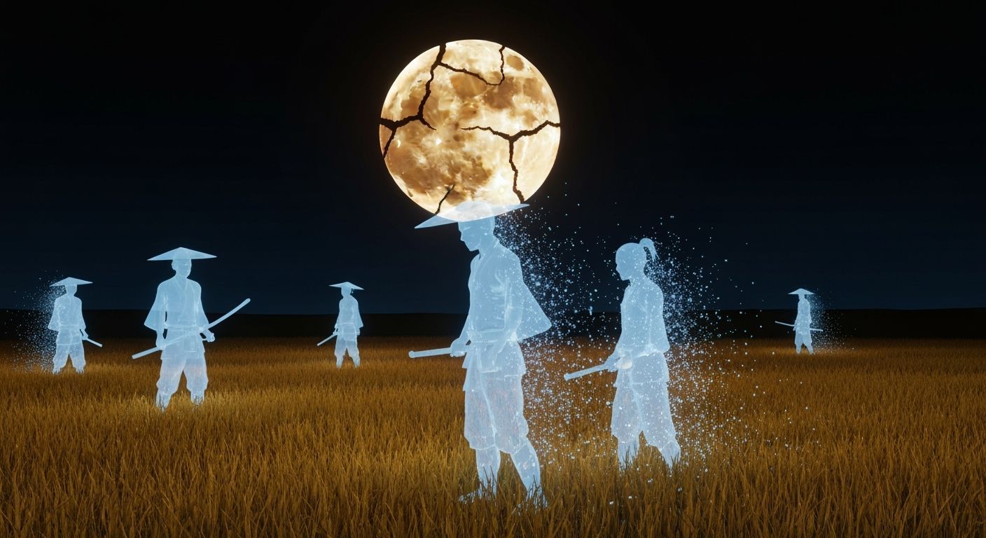 Surreal Japanese Myth: Ghostly Warriors Under a Cracked Moon