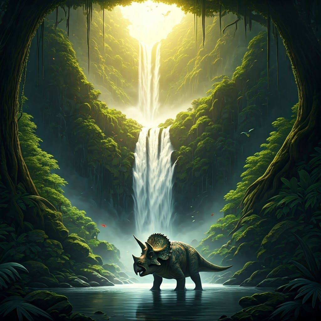 Dinosaur in Tropical Jungle Landscape with Waterfall and Gol...