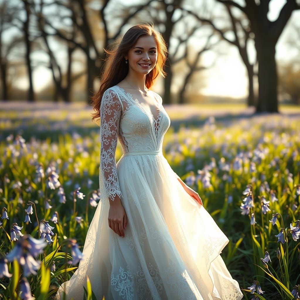 Luminous Bluebell Maiden in Whimsical Field